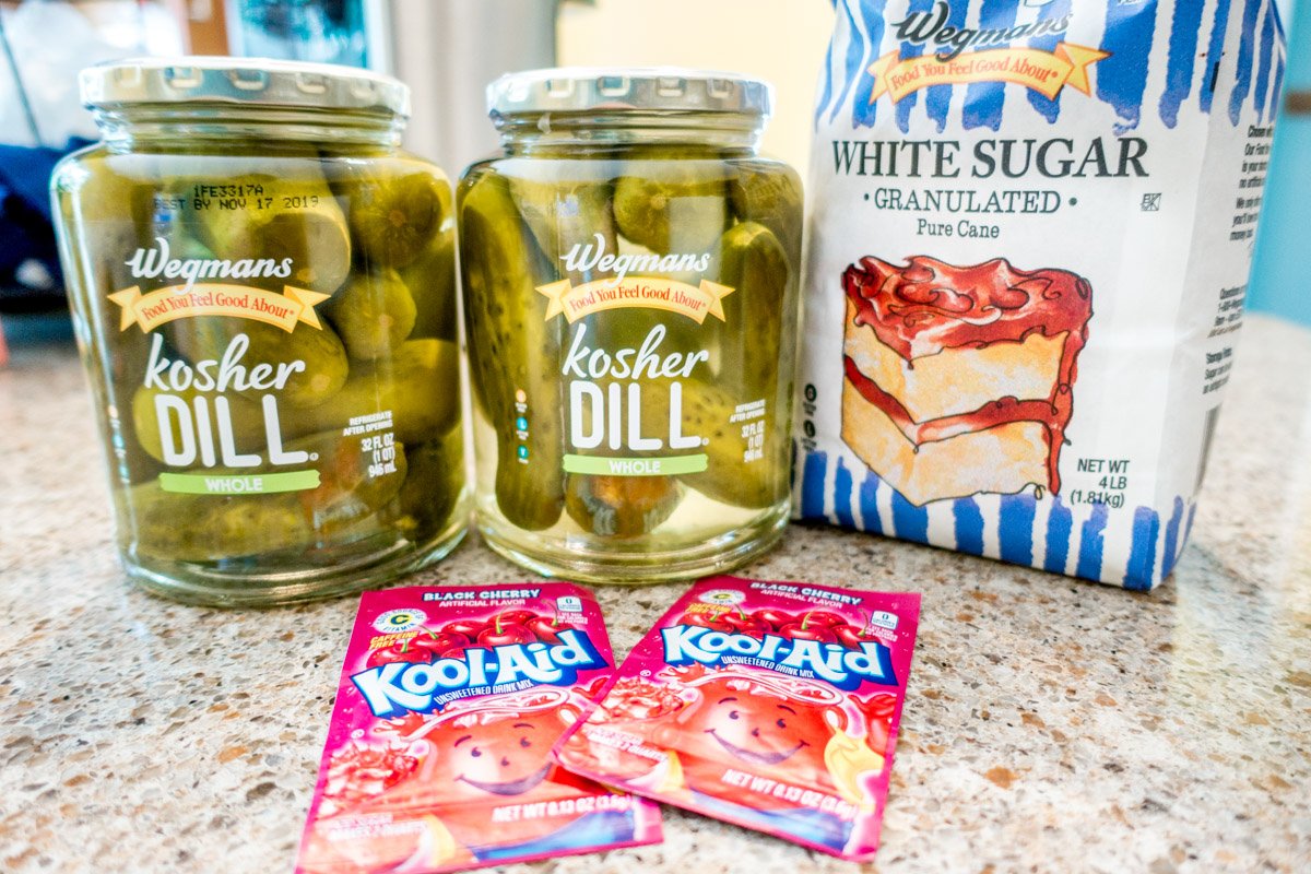 Ingredients for making koolickles, Kool-aid-soaked dill pickles