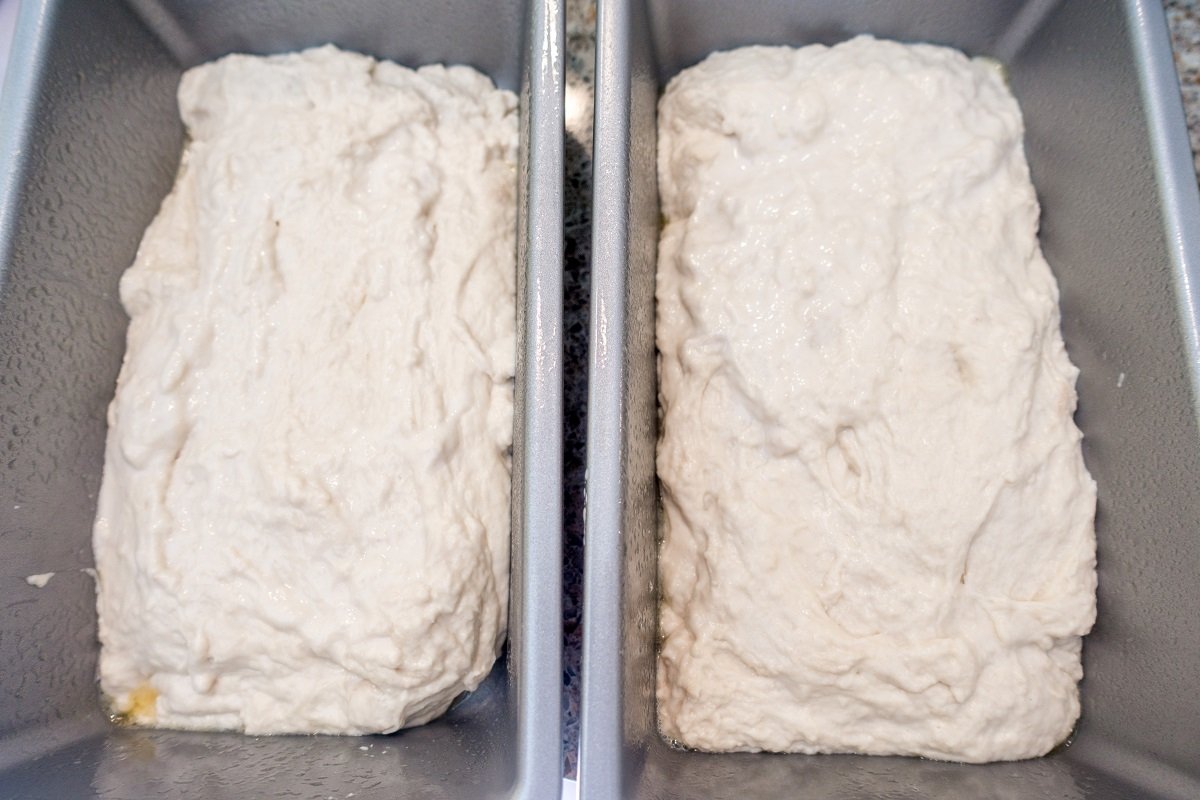 Fill the loaf pans about half full