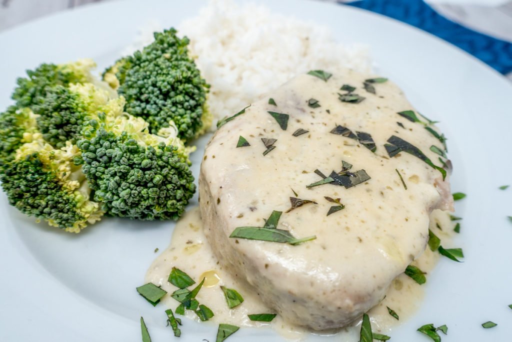 Try these easy slow cooker pork chops with cream of mushroom soup and ranch spices