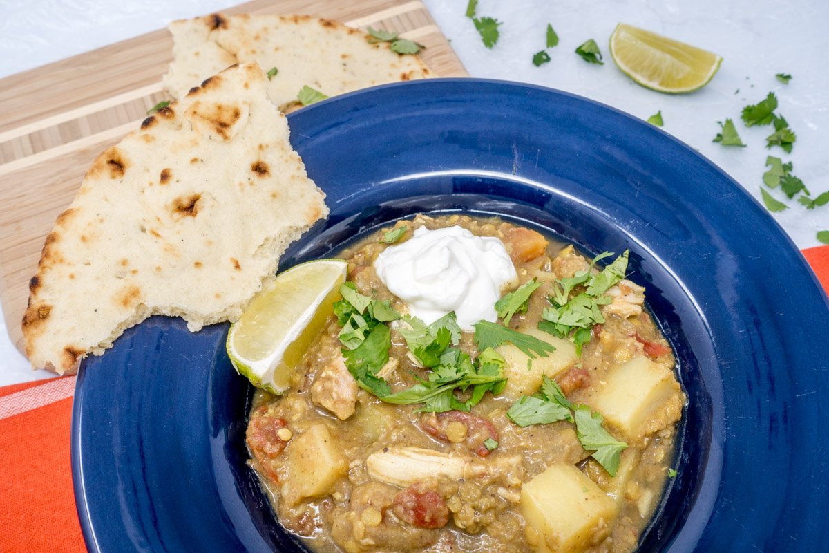 Slow cooker lentil curry with chicken and vegetables--one of our favorite Indian recipes