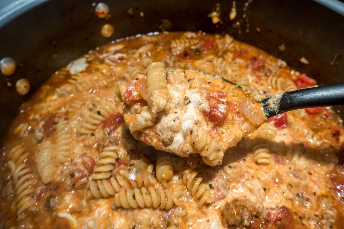 The fusilli pasta in this lasagna soup soaks up the tomato and broth flavor