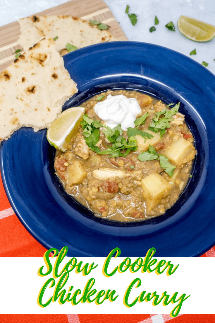 Slow cooker curried chicken with lentils, tomatoes, and potatoes. An easy and flavorful weeknight dish.