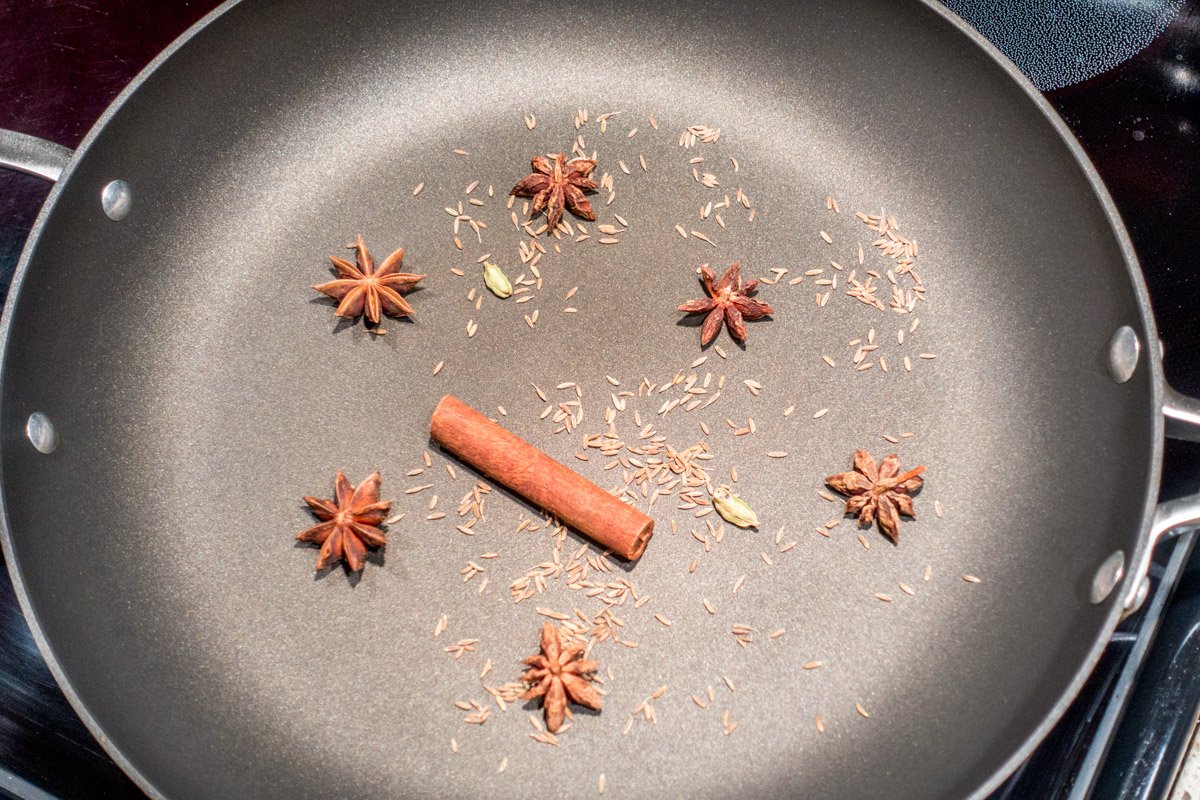 The first step in making the Vietnamese beef pho recipe is toasting the spices