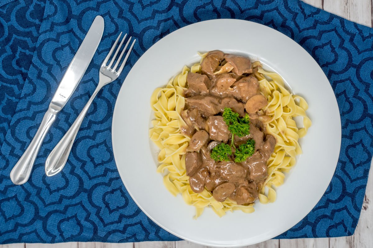 Beef tips and gravy over noodles makes for a filling dinner