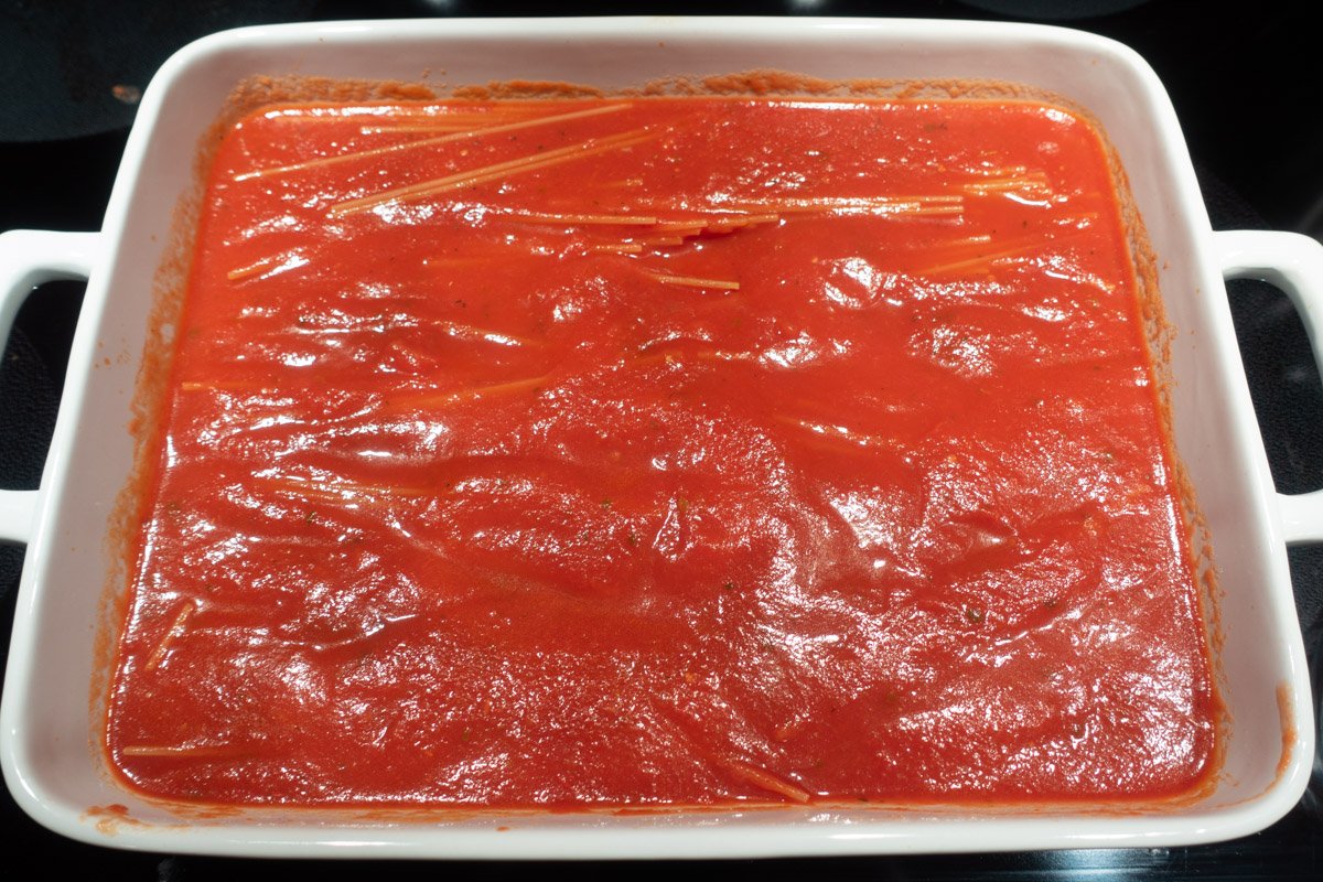 The spaghetti in tomato sauce forms the base for this baked spaghetti casserole recipe