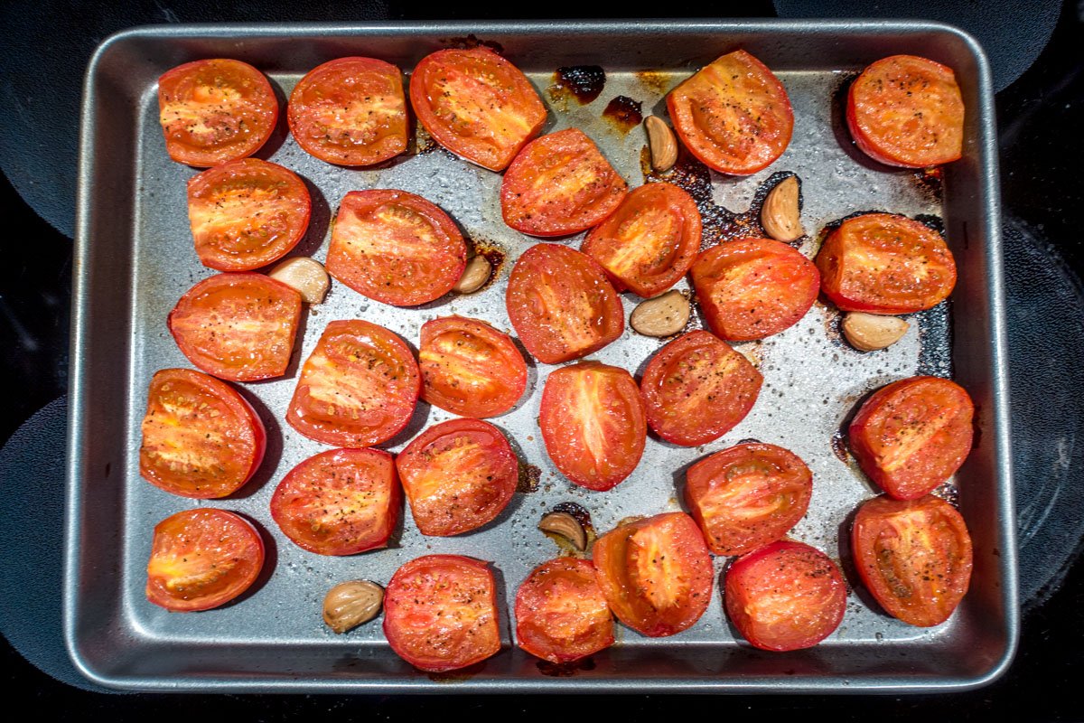 Tomatoes and garlic after roasting for the tomato basil soup recipe