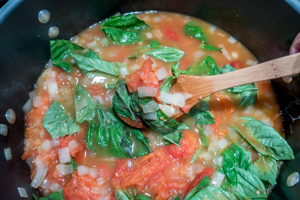 Tomatoes, basil, onion, and broth combine in this easy tomato soup