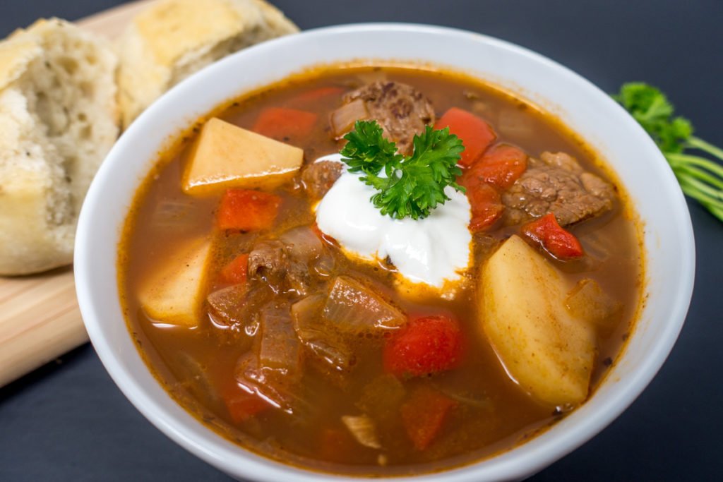 This German goulash recipe is full of hearty vegetables and flavorful beef