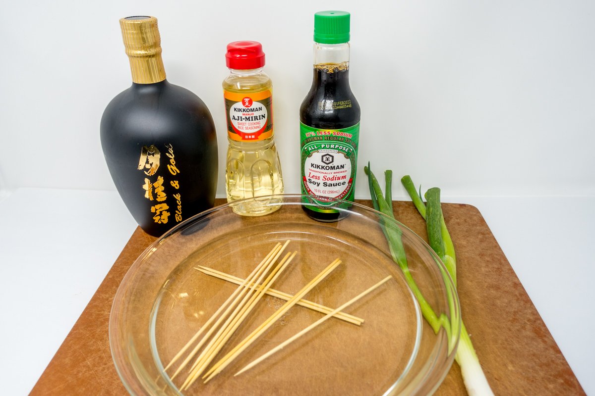 Chicken yakitori ingredients, including sake, mirin, and soy sause