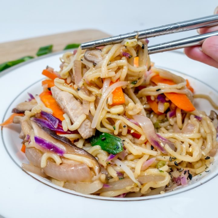 Pork yakisoba noodles with homemade yakisoba sauce is tangy with a hint of sweetness and umami