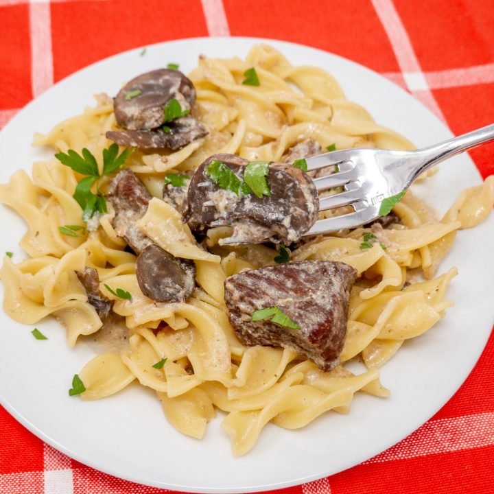 Slow cooker beef stroganoff with noodles on a plate with fork