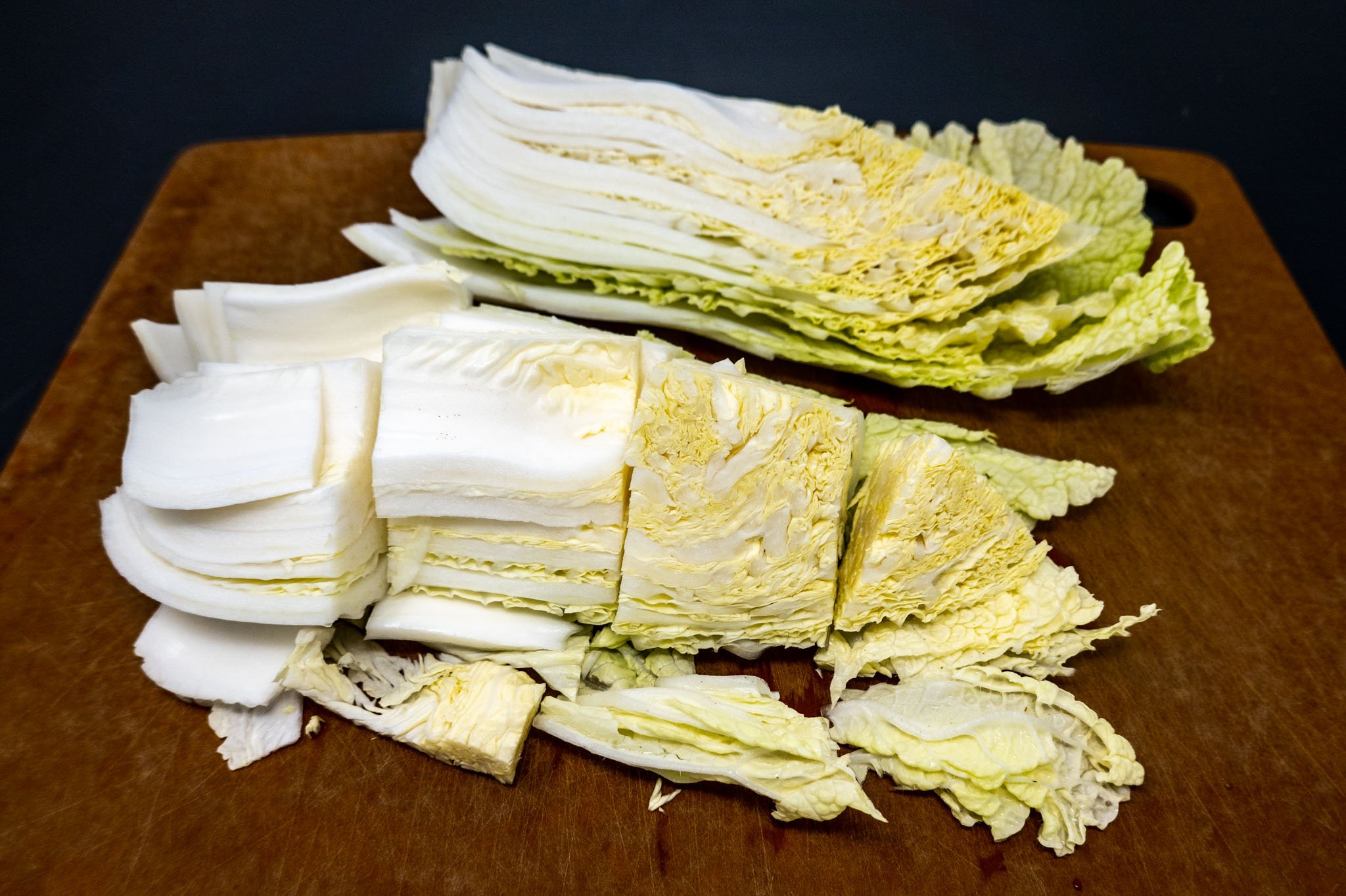 Napa cabbage (aka delicate cabbage) cut in pieces for the baechu kimchi recipe