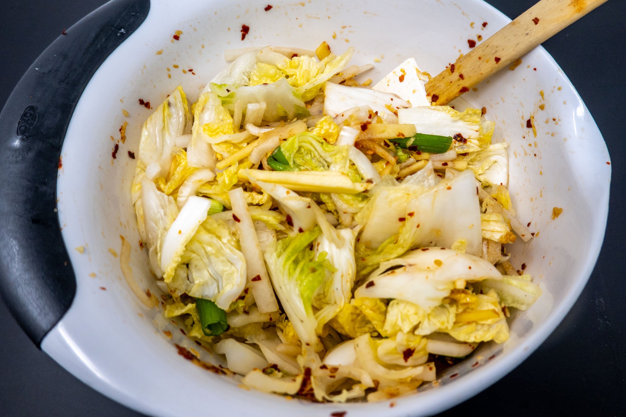 Kimchi ingredients--vegetables mixed with Korean spices--in a bowl