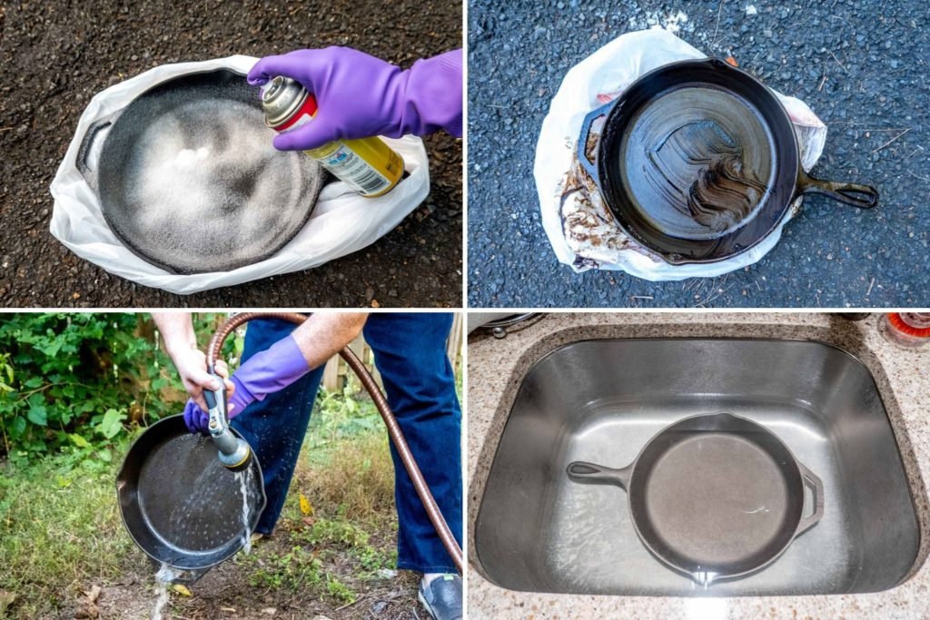 Collage showing a pan coated in foam, rinsed, and soaking in sink