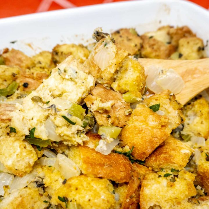 Oyster dressing in a casserole dist