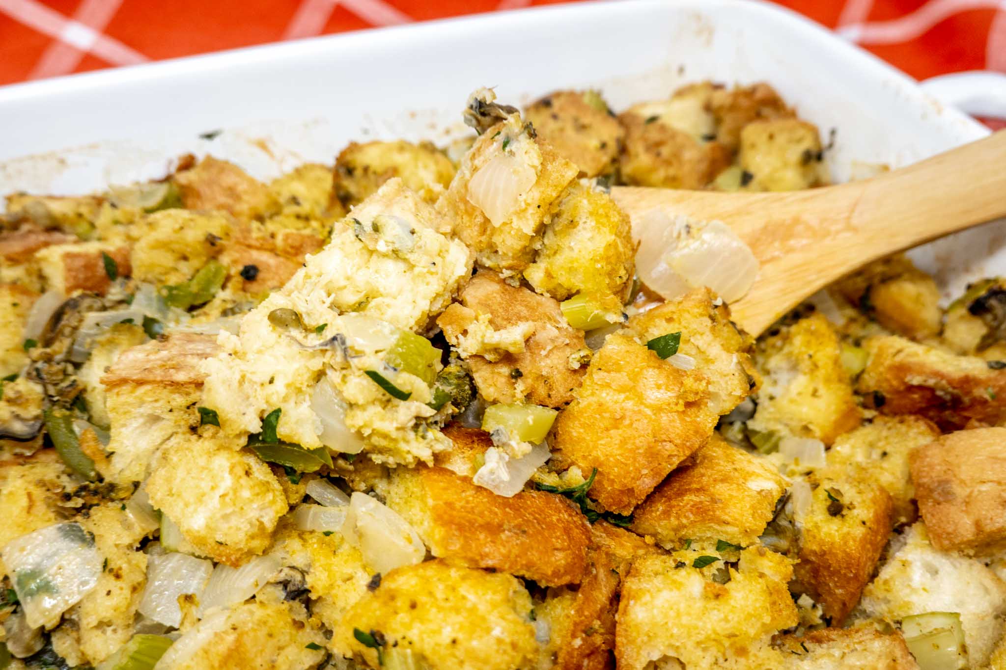 Oyster dressing in a casserole dish