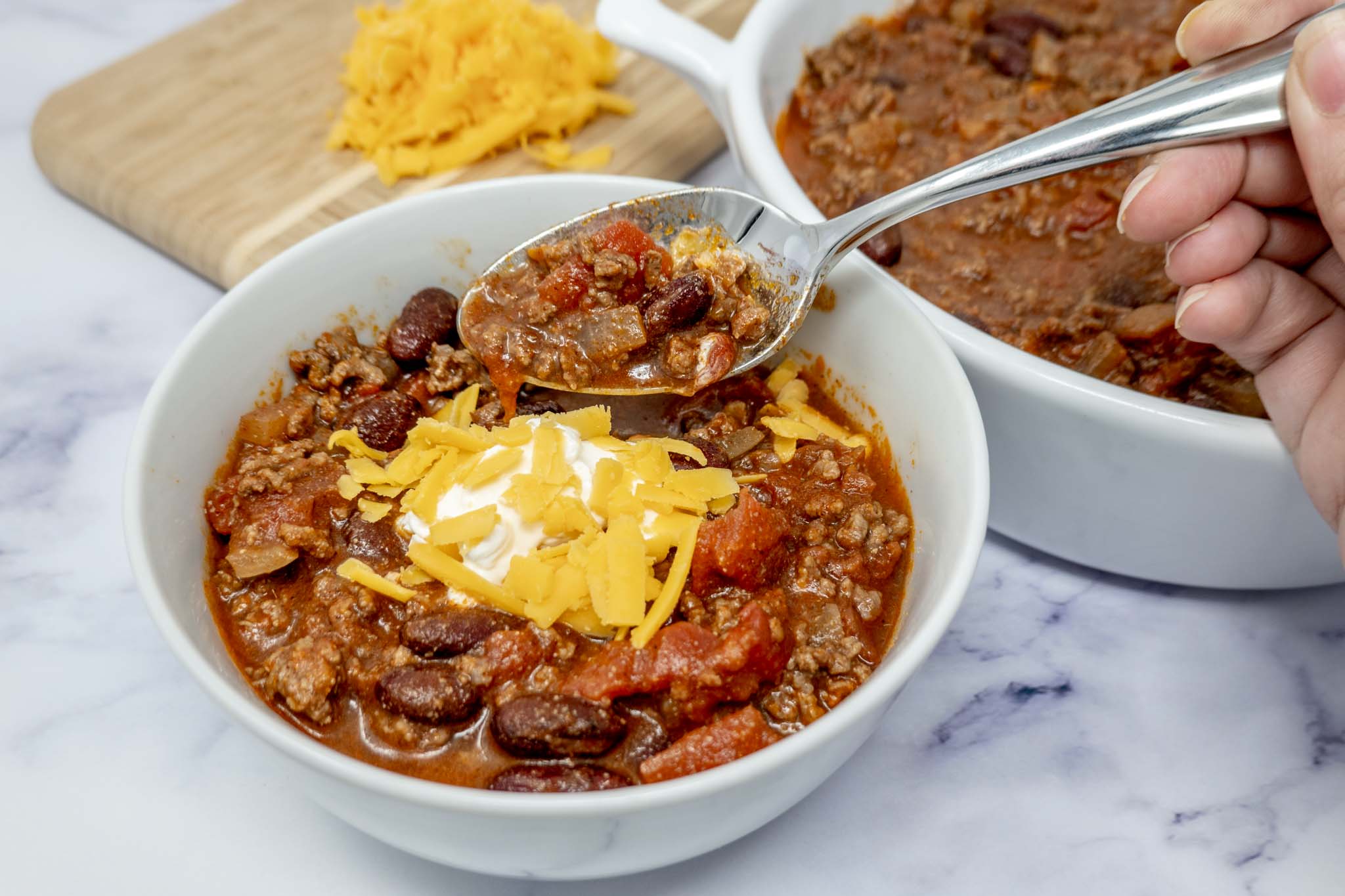 Spoon in a bowl of homemade beef chili