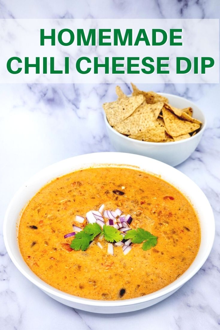 Bowl of homemade chili cheese dip and bowl of tortilla chips