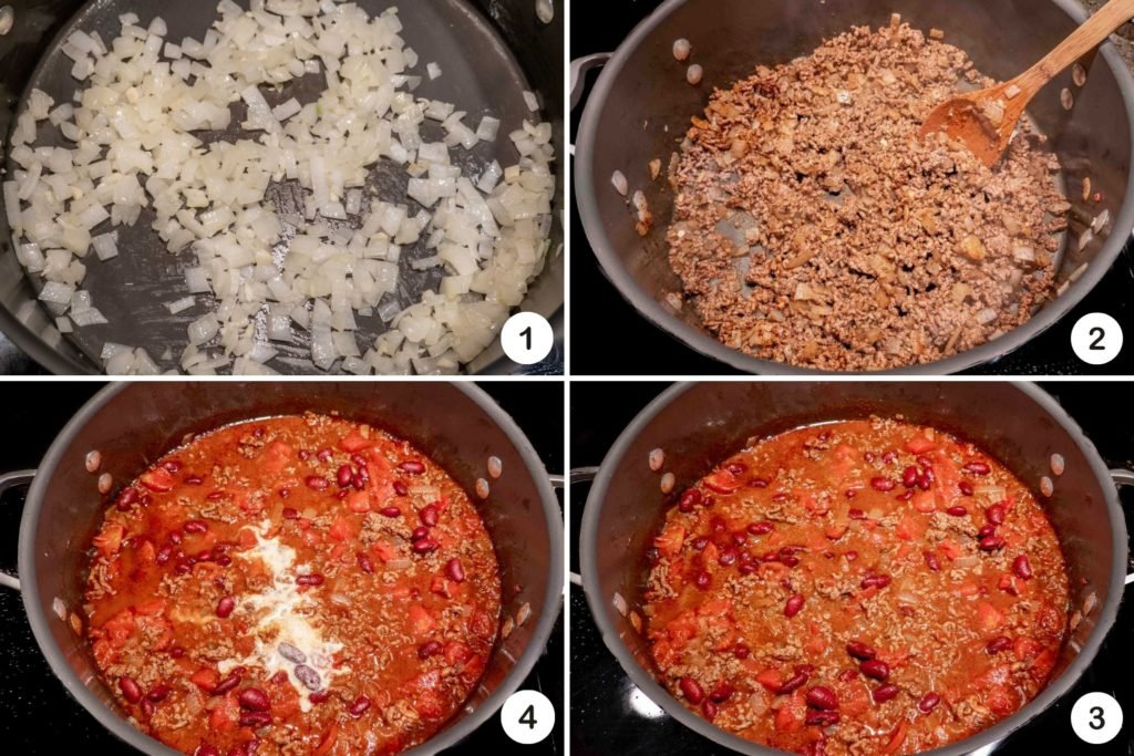 Steps in making homemade chili, including sauteing onions and adding spices and other ingredients