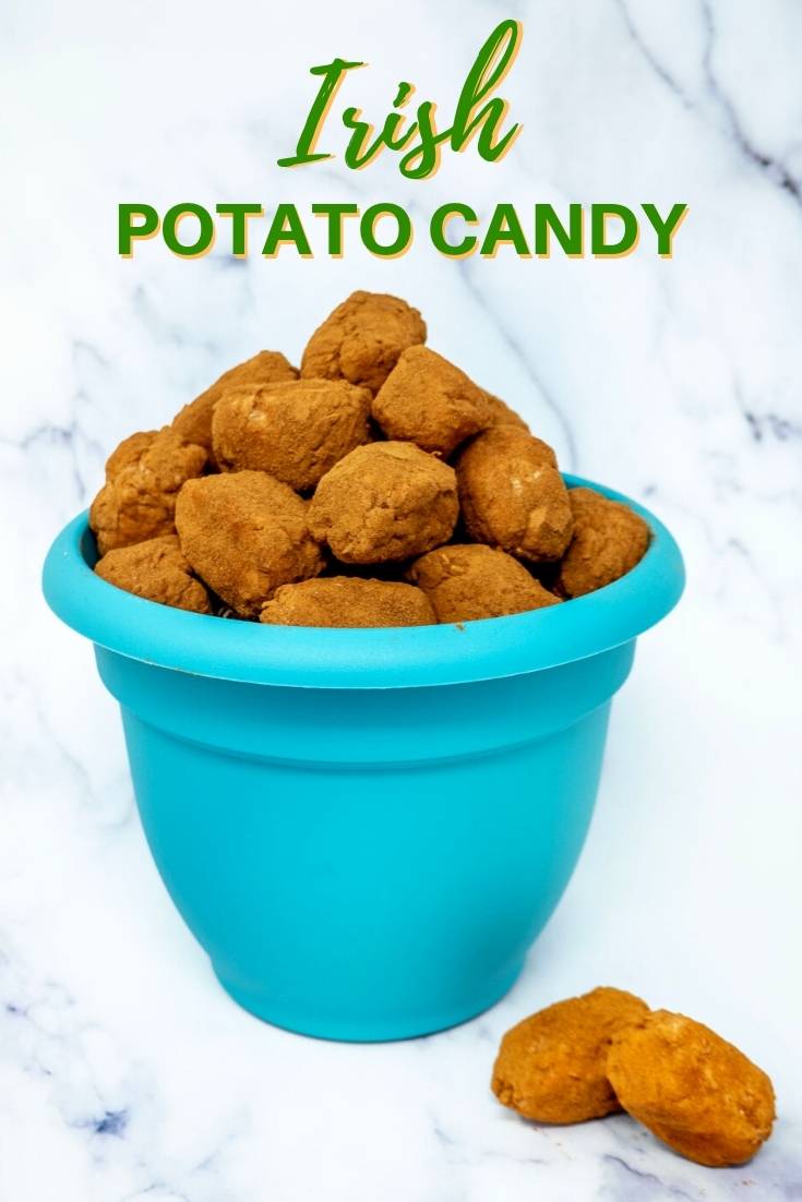 Turquoise pot filled with cinnamon-covered Irish potato candy