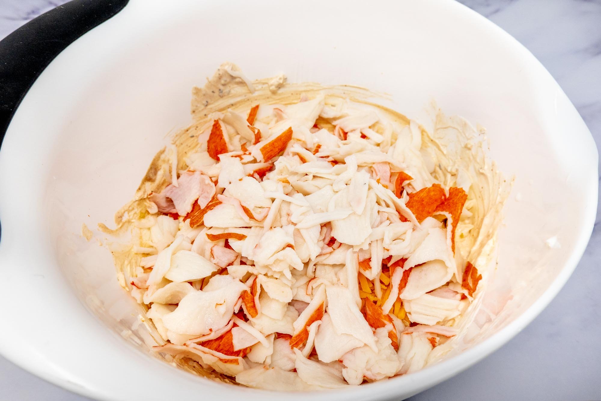 Bowl of shredded imitation crab