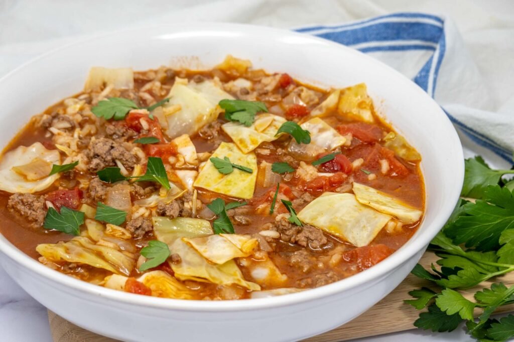 Bowl of stuffed cabbage soup.